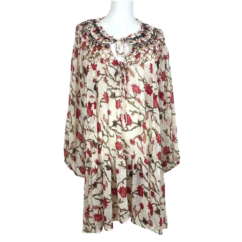 Free People Dress L Semi-Sheer Mini Drop Waist Cottage Romantic Long Sleeve Boho